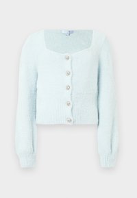 Γαλάζια κοντή ζακέτα με χνουδωτή υφή, που διαθέτει τετράγωνη λαιμόκοψη, μακριά μανίκια και πέντε διακοσμητικά κουμπιά στο μπροστινό μέρος.