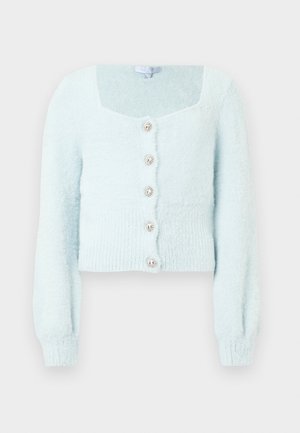 Lys blå kort cardigan i lodden tekstur, med firkantet halsutringning, lange ermer og fem dekorative knapper foran.