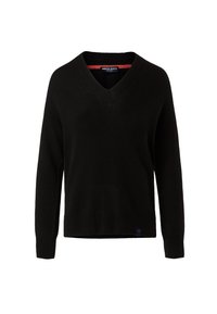 Schwarzer V-Ausschnitt-Pullover aus weichem Strickmaterial. Mit gerippten Bündchen und Saum, sowie einem kleinen Logoakzent auf der Unterseite.