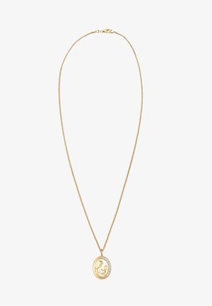 Goldfarbene Halskette mit feiner Kette und einem runden Anhänger, der ein ausgeschnittenes Design und kleine klare Edelsteine auf einer Seite enthält.