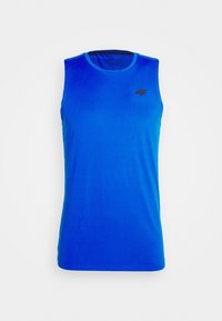 Camiseta atlética sin mangas de color azul con cuello redondo y pequeño logotipo negro "4F" en la parte superior izquierda del pecho.