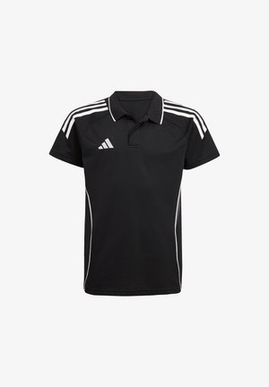 Sort polo shirt med hvide accenter og tre striber på skuldrene. Lavet af åndbart stof, med klassisk krave og korte ærmer.