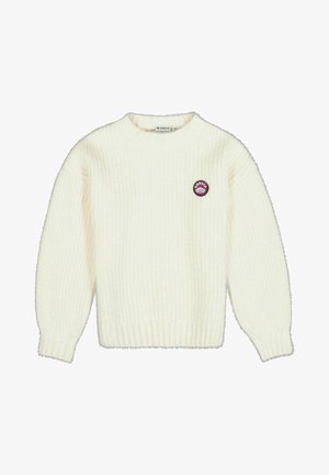 Suéter de punto acanalado color crema con mangas largas y un pequeño parche de logo redondo en color granate en el pecho izquierdo.