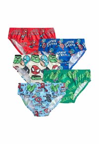 Fyra par barnunderkläder; röda med Spider-Man, blå med Captain America, gröna med Hulk, vit bakgrund med Marvel-karaktärstryck.