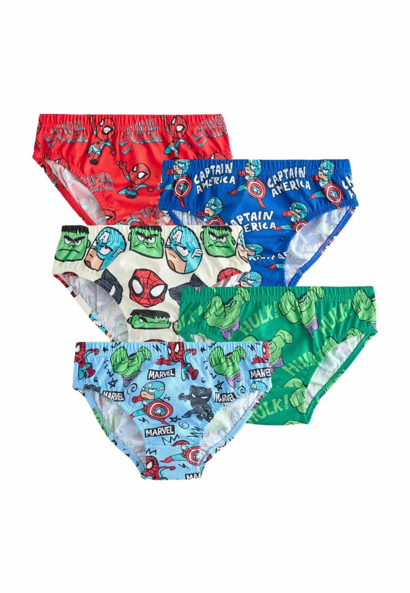 Fyra par barnunderkläder; röda med Spider-Man, blå med Captain America, gröna med Hulk, vit bakgrund med Marvel-karaktärstryck.