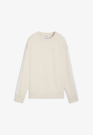 Beige sweatshirt met lange mouwen, witte strepen op de mouwen en een klein Puma-logo op de linkerborst.