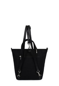 Borsa tote nera con due spallacci, tasca esterna con zip, corpo in tela e dettagli in pelle. Design elegante con una forma strutturata.