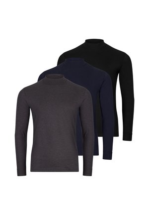 Drei langärmlige Rollkragen-Shirts in Dunkelgrau, Marineblau und Schwarz, überlappend auf einem weißen Hintergrund präsentiert.