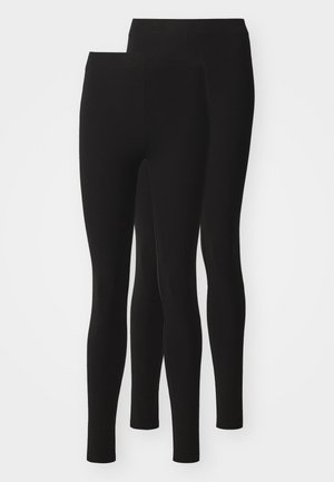 Conjunto de leggings negros que presenta una tela suave y elástica, diseñado con una cintura alta y un ajuste slim, disponible en dos tallas.