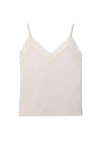 Camisole met verstelbare spaghettibandjes, v-hals en kantafwerking. Gemaakt van zachte, lichte stof in een lichte crèmekleur.