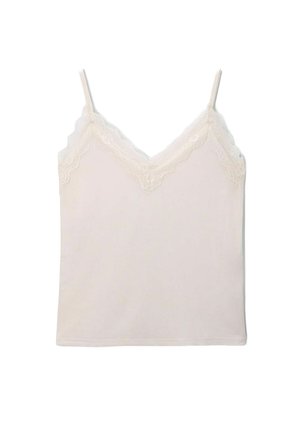 Camisole avec bretelles spaghetti réglables, décolleté en V et bord en dentelle. Fabriqué en tissu doux et léger de couleur crème claire.