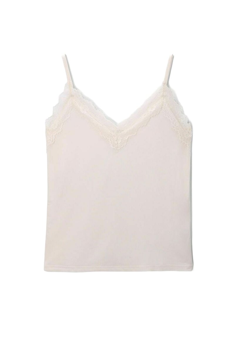 Camisole met verstelbare spaghettibandjes, v-hals en kantafwerking. Gemaakt van zachte, lichte stof in een lichte crèmekleur.