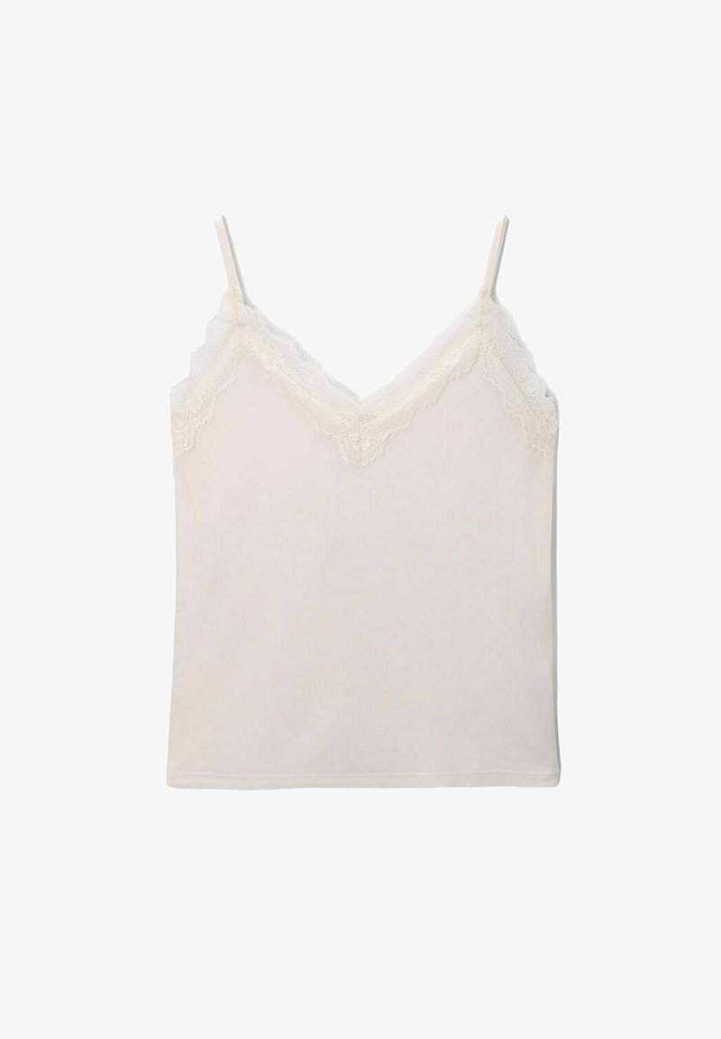 Camisole met verstelbare spaghettibandjes, v-hals en kantafwerking. Gemaakt van zachte, lichte stof in een lichte crèmekleur.