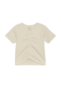 Cremefarvet kortærmet T-shirt med ribbet tekstur, V-udskæring og samlet detalje langs fronten for ekstra design.