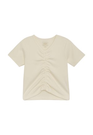 Cremefarbendes T-Shirt mit kurzen Ärmeln, geripptem Stoff, V-Ausschnitt und gerafftem Detail an der Vorderseite für ein zusätzliches Design.