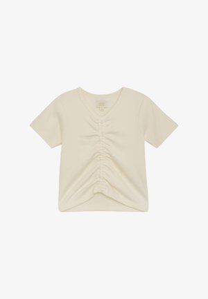 Crème-kleurige T-shirt met korte mouwen, geribbelde textuur, V-hals en geplooide details aan de voorkant voor een extra design.