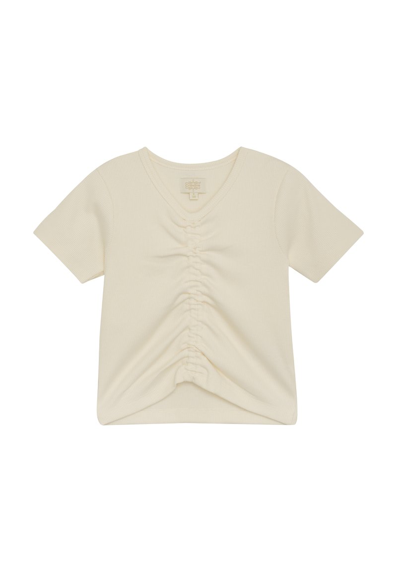 Cremefarvet kortærmet T-shirt med ribbet tekstur, V-udskæring og samlet detalje langs fronten for ekstra design.