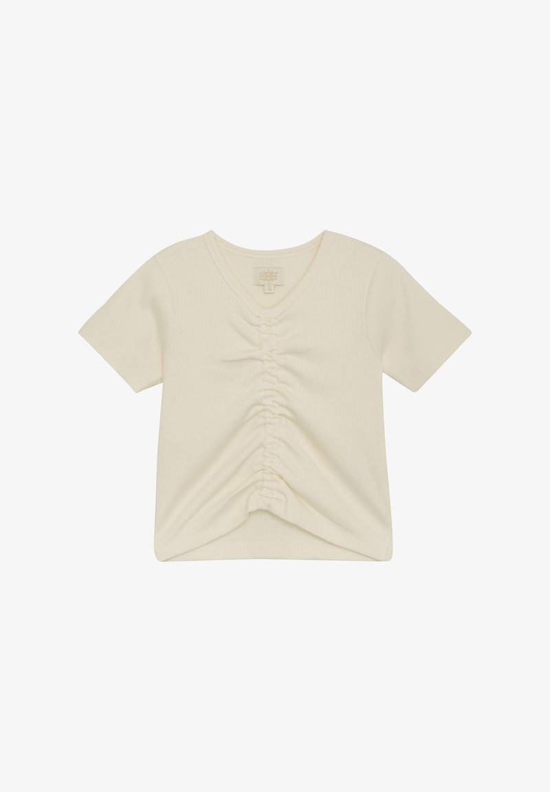 Cremefarvet kortærmet T-shirt med ribbet tekstur, V-udskæring og samlet detalje langs fronten for ekstra design.