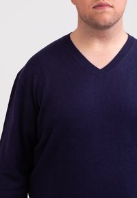 Navy-V-Ausschnitt-Pullover aus weichem Stoff. Mit langen Ärmeln und einem dezenten gerippten Ausschnitt. Glatte Textur mit minimalen Designelementen.