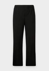 Schwarze elastische Hose mit geradem Bein. Hergestellt aus glattem Stoff, ohne sichtbare Muster oder Verzierungen.