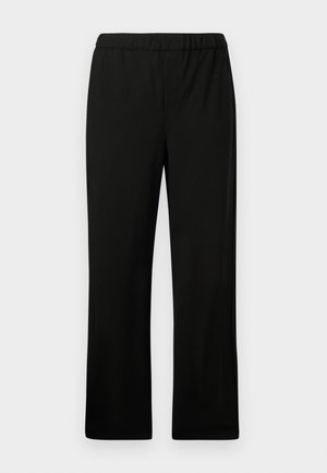 Sorte elastiske bukser med lige ben-design. Fremstillet af glat stof, uden synlige mønstre eller udsmykninger.