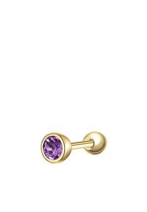 Goldener Langhantel-Ohrstecker mit einem rund geschliffenen violetten Edelstein in einer Fassung an einem Ende und einer goldenen Kugel am anderen Ende.