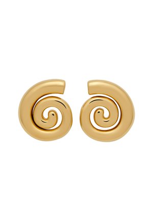 Goldfarbene Metallohrringe mit spiralförmigem Design, einer glatten, glänzenden Oberfläche und einer markanten, modernen Form. Runde und kurvenförmige Akzente.