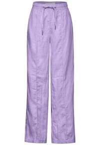 Levandulové lněné kalhoty s elastickým pasem, šňůrkou a širokým střihem. Hladká textura s bočními švy pro vypasovaný vzhled.