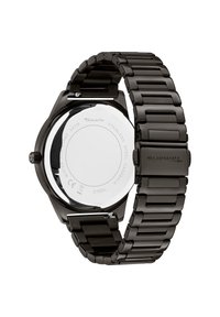 Zwarte roestvrijstalen horloge met een glad ontwerp van de armband, ronde kast en een transparante achterkant die de waterdichtheidsclassificatie toont.