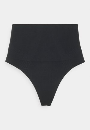 Black high-waisted brief with a smooth texture and seamless design. Features subtle stitching details at the sides. Soft, stretchy fabric.