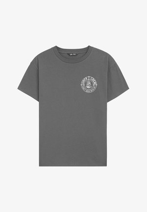Gray cotton t-shirt with a crew neckline. Features a circular white graphic on the left chest reading "UNFR CREW" with additional text.