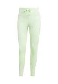 Leggings atletici a vita alta di colore verde chiaro con cordoncino e piccolo logo Adidas sulla coscia alta.