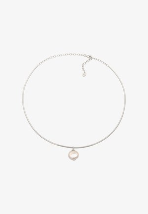 Silberne Halskette mit einem glatten, runden Perlanhänger in der Mitte. Verfügt über ein minimalistisches Design und eine verstellbare Kette zur Längenanpassung.