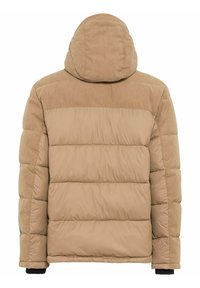 Beige wattierte Jacke mit einem Cordoberteil, Kapuze und gerippten Bündchen. Verfügt über gesteppte Einsätze für Isolierung und einen Texturkontrast.