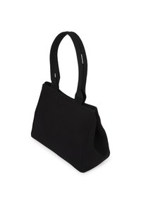 Melna somiņa, izgatavota no izturīgas auduma, ar divām auduma rokām un strukturētu formu ar plašu atvērumu augšā. Minimālistisks dizains.