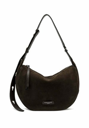 Borsa a spalla a forma di mezzaluna in suede marrone scuro con tracolla regolabile e piccolo logo del brand al centro frontale.