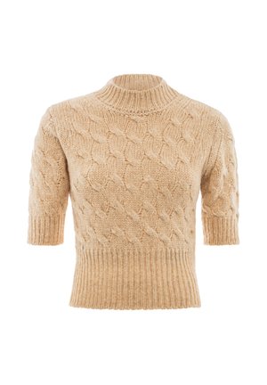 Beige cable-knit sweater with short sleeves, a high collar, and ribbed hem. Soft texture with prominent raised patterns throughout.