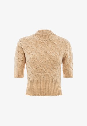 Beige cable-knit sweater with short sleeves, a high collar, and ribbed hem. Soft texture with prominent raised patterns throughout.