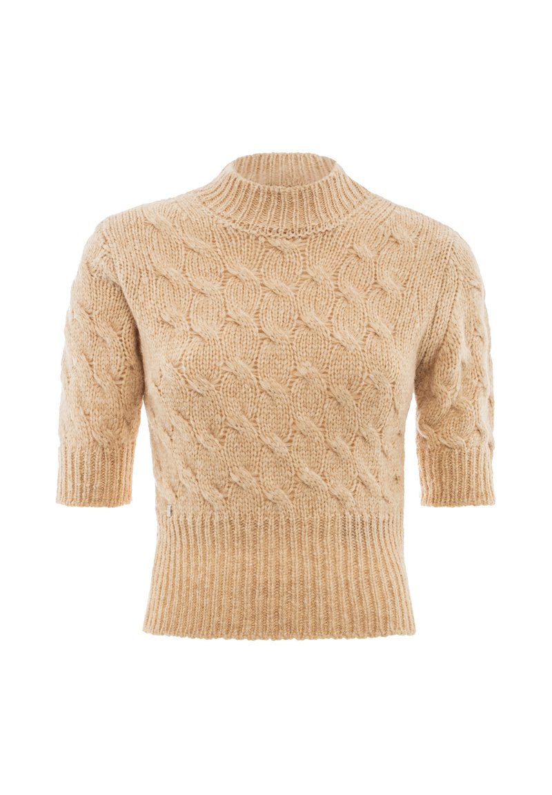 Beige Kabelstrickpullover mit kurzen Ärmeln, hohem Kragen und geripptem Saum. Weiche Textur mit ausgeprägten erhabenen Mustern überall.