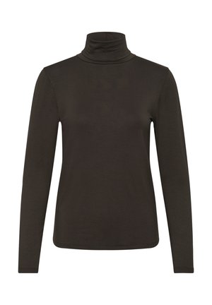 Chemise noire à manches longues avec col roulé et silhouette ajustée, présentée sur un fond blanc.