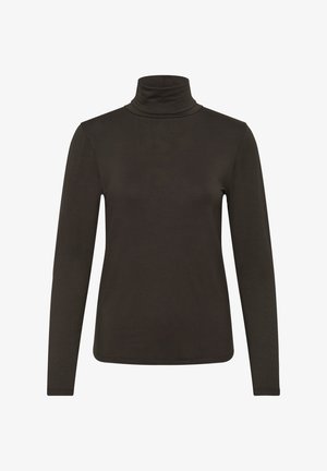 Chemise noire à manches longues avec col roulé et silhouette ajustée, présentée sur un fond blanc.