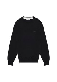 Maglione nero a maglia, scollatura rotonda, maniche lunghe, polsini e orlo a coste, con un piccolo logo ricamato in una tonalità più chiara.