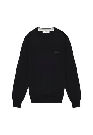 Black knit sweater, round neckline, long sleeves, ribbed cuffs and hem, featuring a small embroidered logo in a lighter shade.
