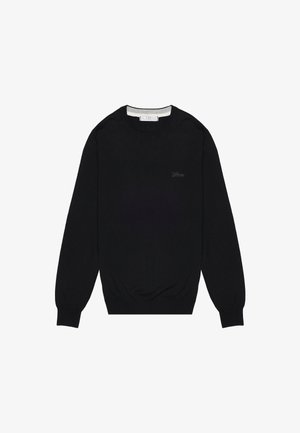 Black knit sweater, round neckline, long sleeves, ribbed cuffs and hem, featuring a small embroidered logo in a lighter shade.