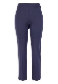 Marinblå stretchbyxor med en figurnära silhuett, elastisk midja och subtil logotypdetalj vid höfterna. Slät textur, ankel-lång design.