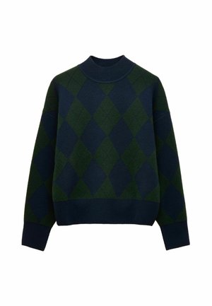 Strickpullover mit einem Argyle-Muster in Dunkelgrün und Marineblau, mit einem gerippten Rundhalsausschnitt sowie elastischen Bündchen und Saum.