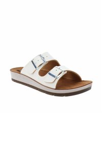Sandali bianchi slip-on con due cinturini regolabili in argento, plantare imbottito marrone e suola intermedia bianca testurizzata con suola in gomma.