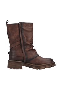 Brown leather ankle boot with a slouchy design, wrapped straps detailing, and a chunky sole. Features a looped pull tab at the top.