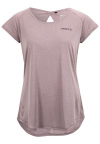 Kobiecą koszulka sportowa z krótkim rękawem w kolorze mauve, z okrągłym dekoltem, detalem w kształcie klucza z tyłu i logo "CRAFT" na piersi.
