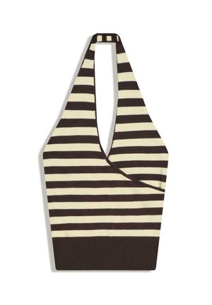 Bruin en crème horizontaal gestreepte gebreide haltertop met diepe V-hals en brede geribbelde zoom.